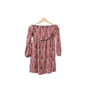 Entro Burgundy & Tan Paisley Floral Off The Shoulder Boho Mini Dress Size L